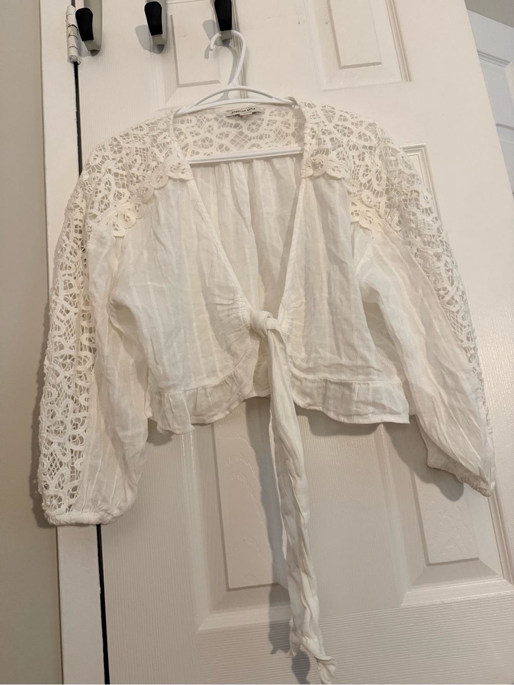 American Eagle Outfitters White Crochet-Sleeve Tie-Front Blouse/ Shrug